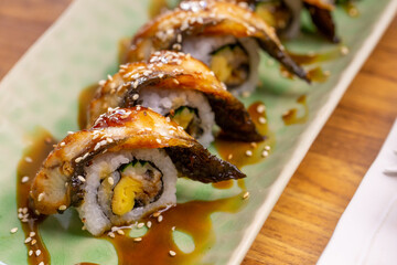 Japanese Sushi Unagi maki roll set.