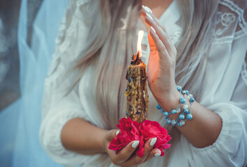 Magic of candles, magical attributes, herbs and flowers, Slavic/ Wicca rituals and esoteric concept