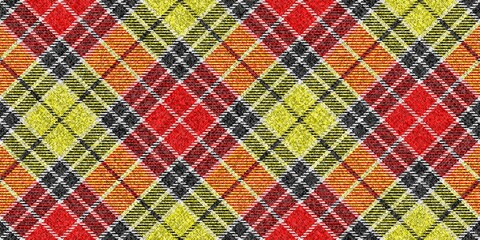 ragged grungy seamless diagonal checkered texture of classic coat red yellow tweed fabric with white, black stripes for gingham, plaid, tablecloths, shirts, tartan, clothes, dresses, bedding, blanket