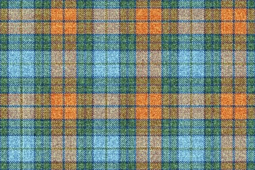 ragged grungy seamless checkered texture of classic coat tweed light blue and orange fabric with blue, green stripes for gingham, plaid, tablecloths, shirts, tartan, clothes, dresses, bedding, blanket