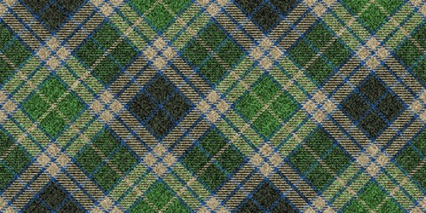 ragged grungy seamless diagonal checkered texture of classic coat green tweed fabric with blue, beige stripes for gingham, plaid, tablecloths, shirts, tartan, clothes, dresses, bedding, blanket