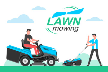 Man mowing the lawn. mowing lawn. flat style