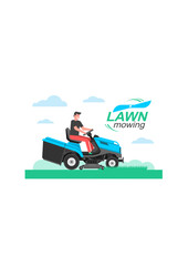 Man driving a tractor lawn mower in garden. mowing lawn. flat style
