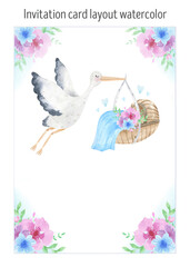 A stork flying in the sky delivering newborn baby boy invitation card layout watercolor. Baby shower with little boy. Floral compositions. International Day of Midwives. Stork and child