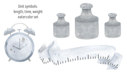 Unit symbols watercolor set. Alarm clock, Clock, Centimeter, Weights. Time, date weight, height. For metric design.