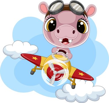 Cartoon baby hippo operating a plane