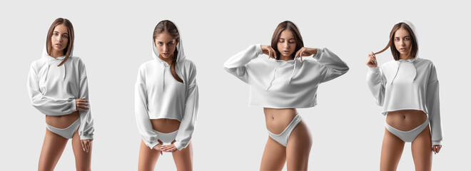 Mockup of white crop top on sexy girl in bikini isolated on background. Set