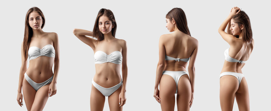 Mockup of white bikini swimsuit on sexy tanned girl, isolated on background. Set