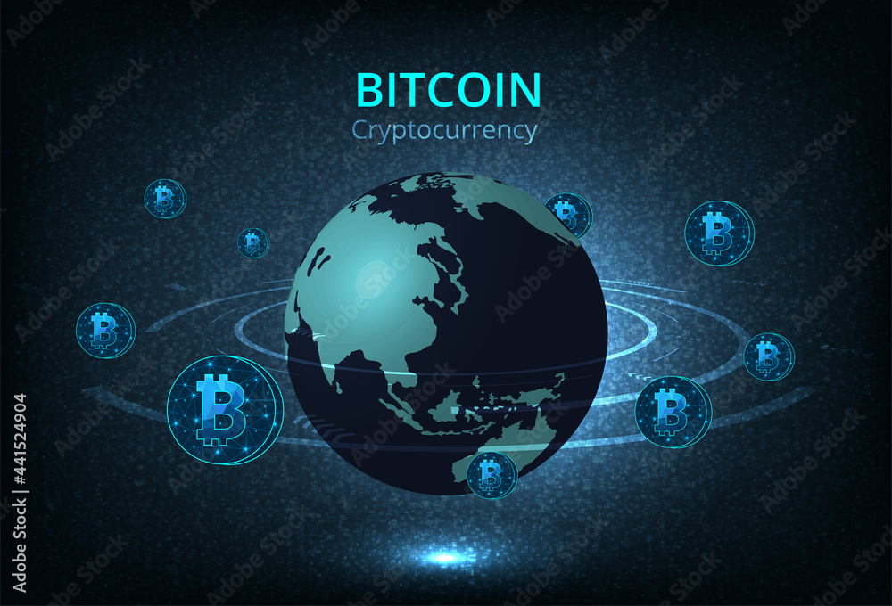 Aufkleber cryptocurrency design.glowing polygonal bitcoin coin revolve around the world.cryptocurrency currenc