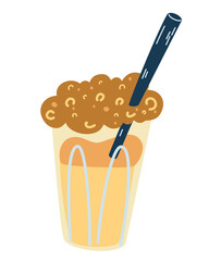 Coffee latte with straw and cream. Coffee and milk mixed in a clear glass. Perfect for cafes restaurants and printing. Hand draw Vector flat illustration.