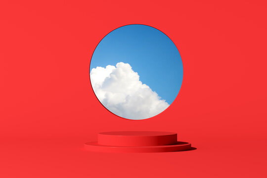 3d rendering of fluffy cloud in a circle window and red round podium for product presentation. Minimal concept.