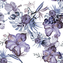 Blue Hibiscus Decor. Indigo Flower Leaves. Azure Seamless Design. Watercolor Illustration. Pattern Print. Beryl Tropical Palm. Exotic Set. Art Palm.