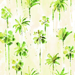 Watercolor seamless green tropical hand drawn pattern with palm trees. Summer abstract exotic stylized plant. Botanical pattern