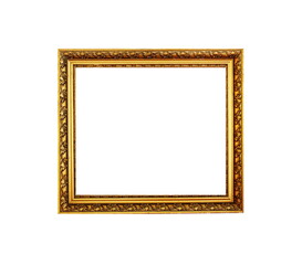 Historical Vintage Golden decorative frame isolated on white background. Gold frame border with beautiful stylish ornaments.  Retro frame ideal for advertisement background and photography concept.