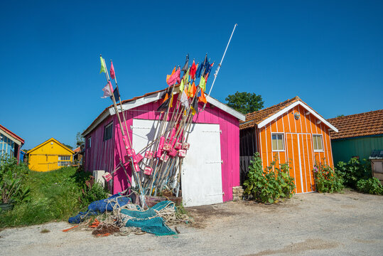 Colourful oyster farming huts at harbour on Oleron Island, Charente-Maritime, France