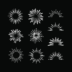 Vector Retro Bursts Set, Chalk Drawings Isolated on Black Background, Vintage Fireworks, Doodle Illustration, Rays.
