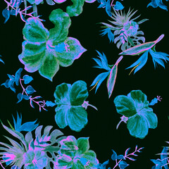 Indigo Hibiscus Jungle. Green Flower Leaf. Blue  Seamless Textile. Dark  Watercolor Leaf. Pattern Leaf. Tropical Painting. Exotic Palm. Art Wallpaper.