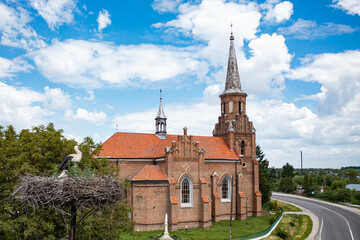 Fototapeta na wymiar Neo-Gothic Catholic Church of the Sacred Heart of Jesus in Stoyaniv, Ukraine. Aerial view from drone