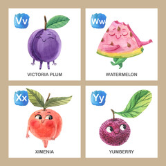 Watercolor english alphabet made of cute fruits and vegetables. Watercolor illustration of food. Vegetarian alphabet. Back to school. 