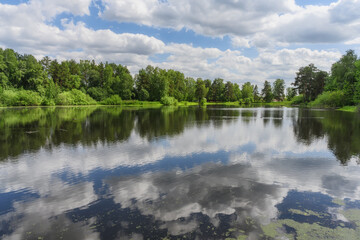 Summer landscape with reflection of white cumulus clouds in the water of a forest lake. In the midst of a warm, sunny summer with fresh green foliage. Ducks swim in the distance. Harmony in nature 