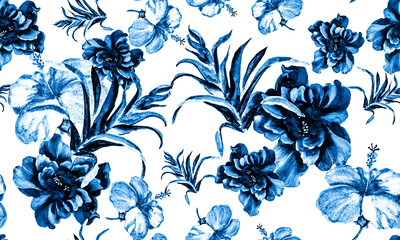 Navy Hibiscus Painting. Indigo Flower Design. Blue Seamless Background. Azure Watercolor Decor. Pattern Palm. Tropical Decor. Exotic Garden. Art Set.