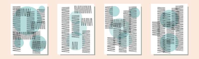 Set of abstract contemporary mid century posters with geometric shapes. Design for wallpaper, background, wall decor, cover, print, card, branding. Modern boho minimalist art. Vector illustration.