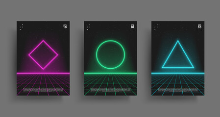 Synthwave poster set. Glowing geometry shapes with laser perspective grid in starry space. Vivid layouts for retrowave electronic music events. Design for poster, cover. Vector