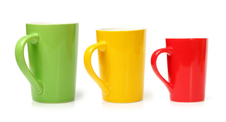 Colorful cups on white background 