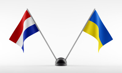 Stand with two national flags. Flags of Netherlands and Ukraine. Isolated on a white background. 3d rendering