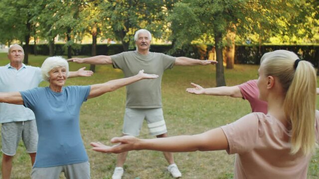 Group of senior men and women in sportswear exercising in park with female fitness instructor