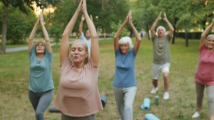 Tilt up shot of group of senior men and women in sportswear practicing yoga outdoors in park with female coach - Powered by Adobe