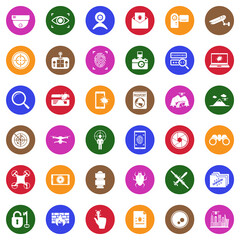 Surveillance Icons. White Flat Design In Circle. Vector Illustration.