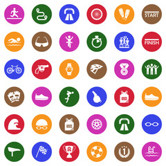 Triathlon Icons. White Flat Design In Circle. Vector Illustration.