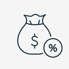 Money Bag with Percent Symbol. Deposit Interest, Credit, Loan Commission Linear Icon. Interest Rate Percentage. Editable stroke. Vector illustration - obrazy, fototapety, plakaty