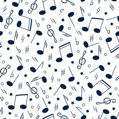 Seamless vector musical pattern. Hand drawn black silhouettes of music notes and signs on white background