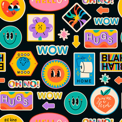 Fototapeta Various Patches, Pins, Stamps, Stickers. Funny cute comic Characters. Different Phrases and words. Hand drawn trendy Vector illustration. Cartoon style. Abstract square seamless Pattern, wallpaper obraz