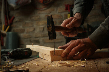 Carpenter hammering nail into wooden plank in workshop.	