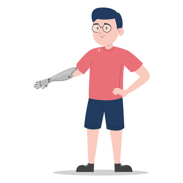 Boy with prosthetic arm vector isolated. Bionic limb, amputee child. Concept of people with disability. Happy little kid standing.