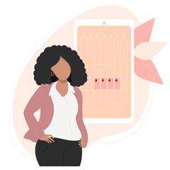 dark-skinned girl looks at the calendar. Ethnic woman near the calendar of female health and menstruation on the phone screen. Vector illustration. The concept of womens health and modern programs