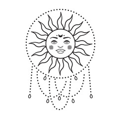 Bohemian illustration, celestial vintage design, sun with face, stylized drawing, tarot card. Mystical element