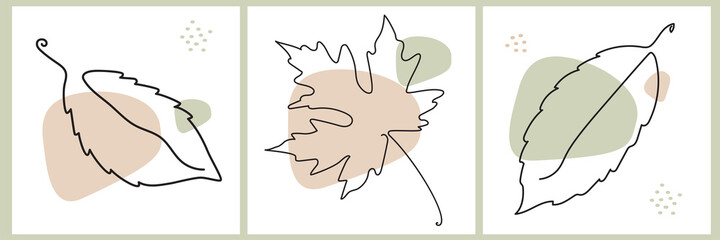 Set of line of autumn leaves. Vector illustration. Line art. Abstraction and color spots For design, decor, bpnners, prints and postcards