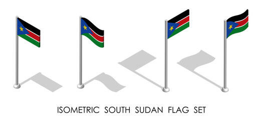 isometric flag of South Sudan in static position and in motion on flagpole. 3d vector