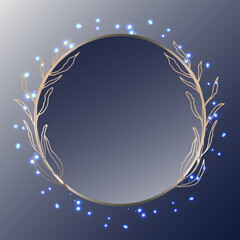 Silver frame. Circle in shiny beautiful branches on a dark blue gradient background. Glowing sparks and dots. Place for your text.