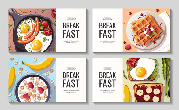 Set of promo banners for breakfast menu, healthy eating, nutrition, cooking, fresh food, dessert, diet, pastry, cuisine. Vector illustration for banner, flyer, cover, advertising, menu, poster.