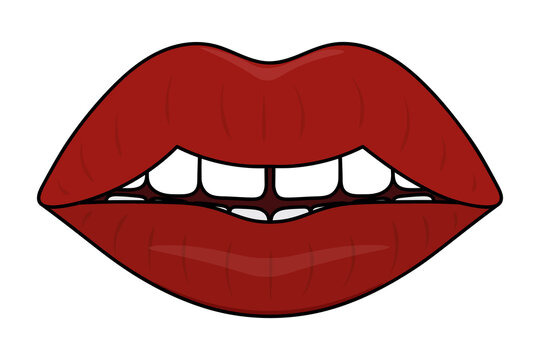 Lips. The sexy mouth is open. Colored vector illustration. Cartoon style. An even row of white teeth with a gap in the middle. A juicy shade of lipstick. Isolated white background. Valentine's Day. 