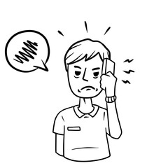 Man with mobile phone. Unpleasant conversation. Angry guy with modern device. Talking problems. Cartoon hand drawn black and white sketch illustration.