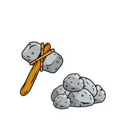 Stone hammer on stick. Subject of caveman. Prehistoric hunting weapon. Big hammer. Pile of cobblestones. Cartoon hand drawn illustration
