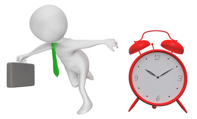 Wecker und 3D Figur als rennender Geschäftsmann, Freisteller