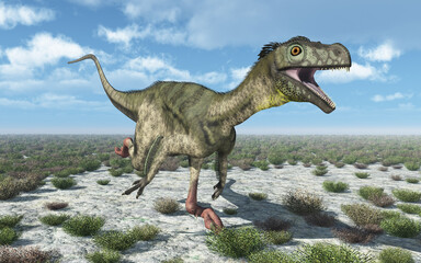 Fototapeta premium Dinosaurier Ornitholestes in einer Landschaft