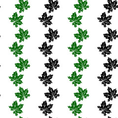 Seamless pattern of stamp green, black leaves of maple or grapes vine isolated on white background. Simple vector texture. Concept of nature, garden, forest, leaf fall, thanksgiving